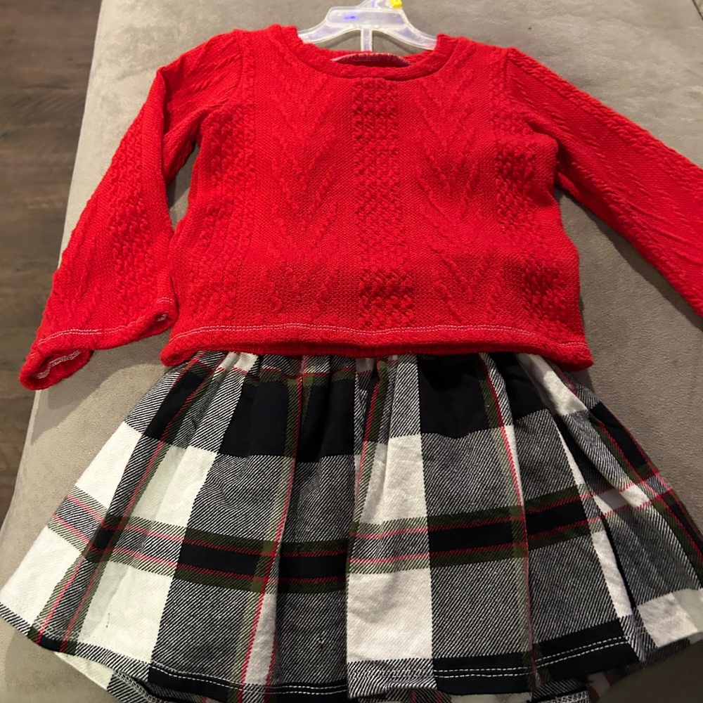 Red Sweater and Plaid Skirt Set